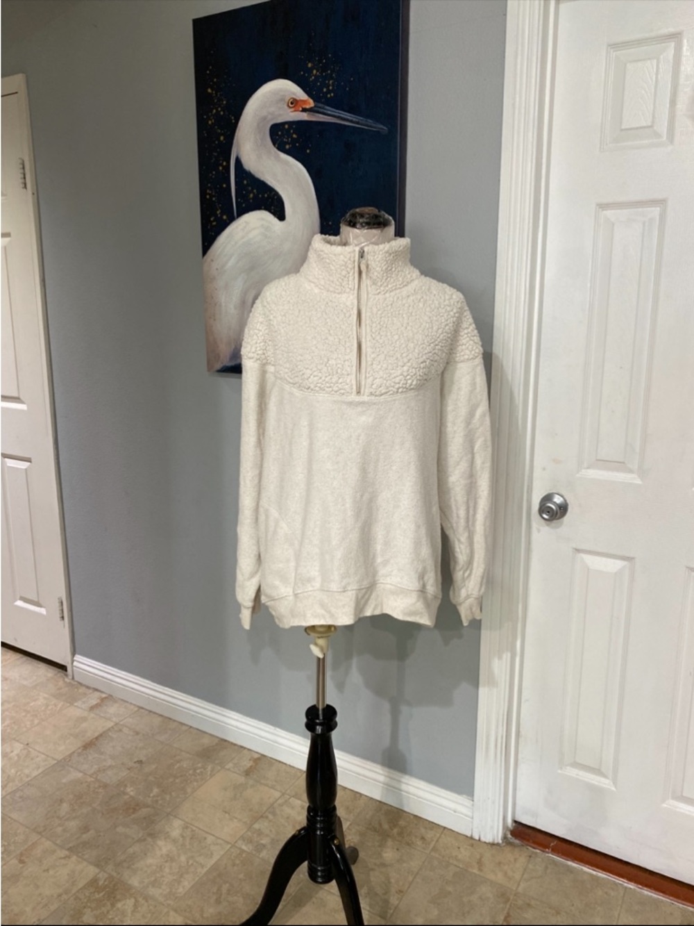 Aerie Women Medium Hometown Holiday Quarter Zip Sweatshirt,Ivory sherpa detail